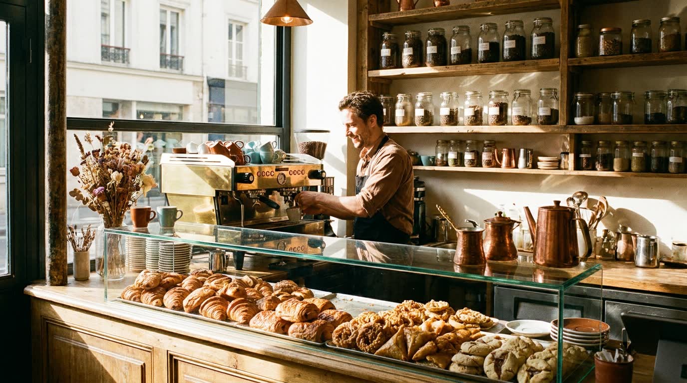 Le comptoir de Dar Sultana au matin, machine espresso et pâtisseries sous cloche