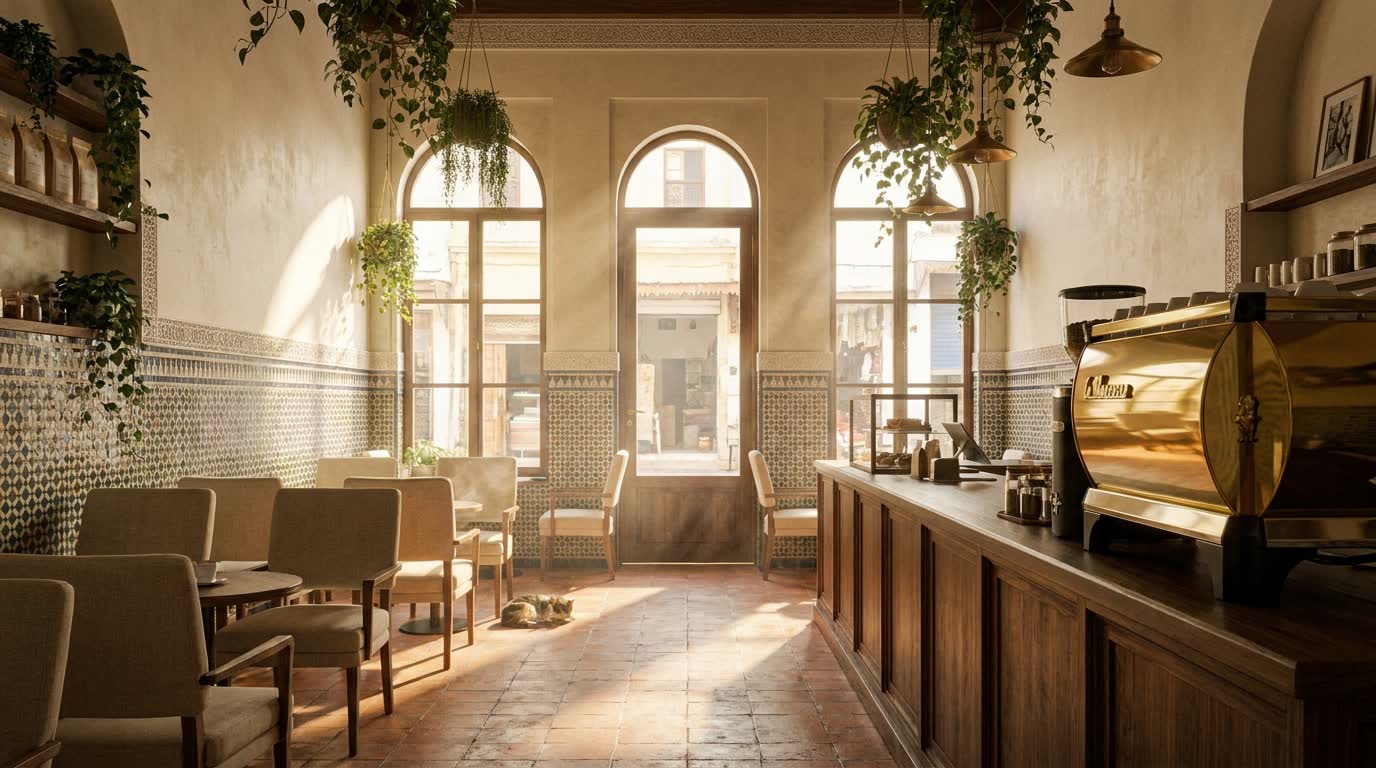 Intérieur du café Dar Sultana dans la lumière dorée de fin d’après-midi
