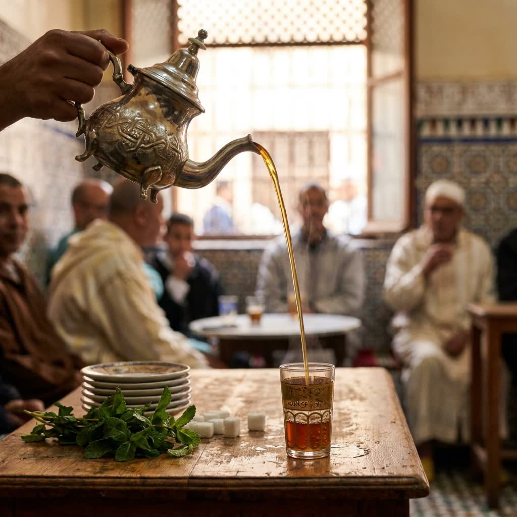 Thé à la menthe versé de haut depuis une théière argentée dans un verre marocain