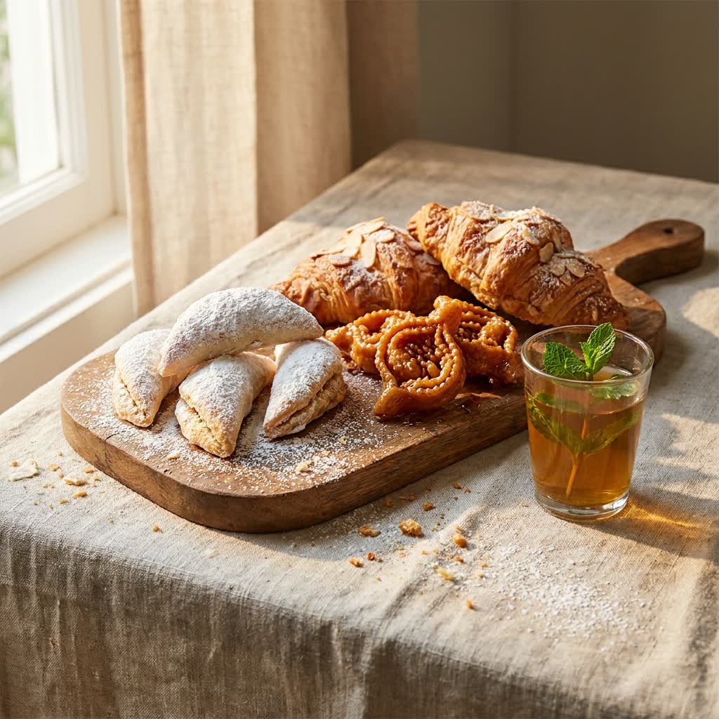 Pâtisseries maison disposées sur le marbre, vues de dessus