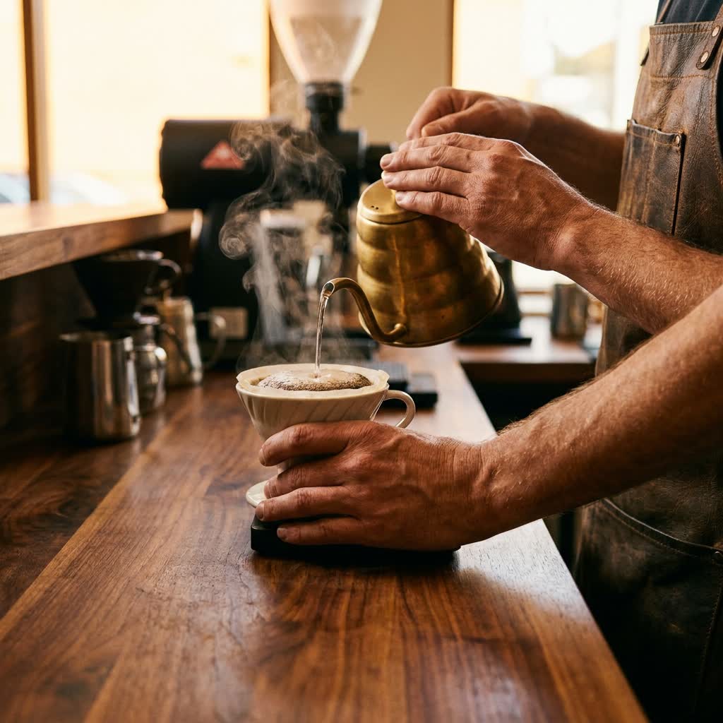 Notre barista versant un café filtre, la vapeur montant de la tasse